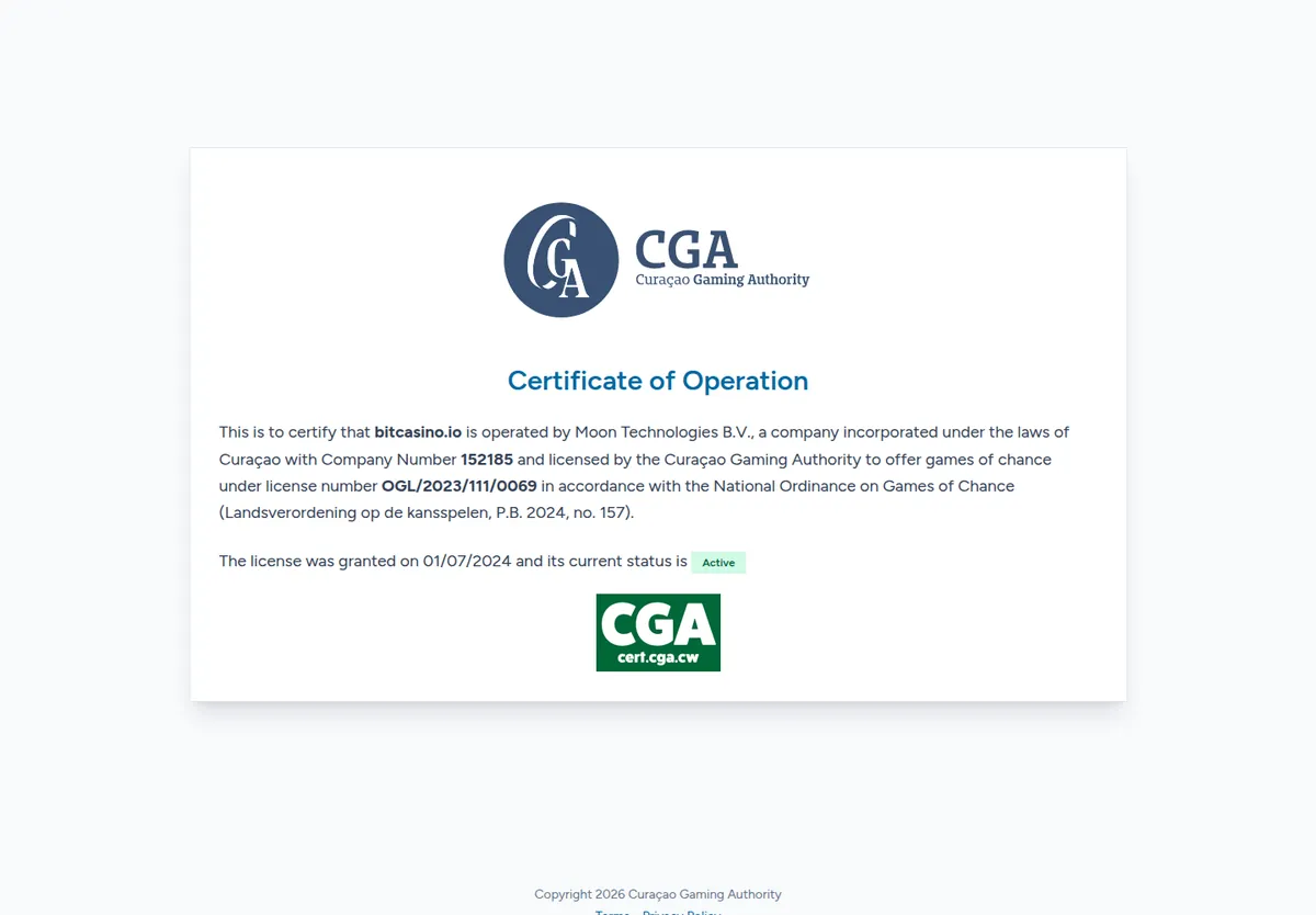 Certificado de operación de la Curaçao Gaming Authority para bitcasino.io, licencia OGL/2023/111/0069, estado activo