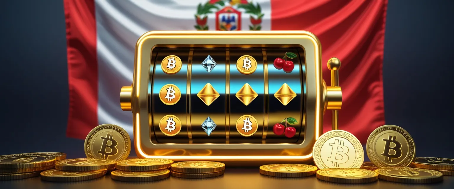 Slot reels with Bitcoin coins, cherries and diamonds, with the flag of Peru behind and gold coins