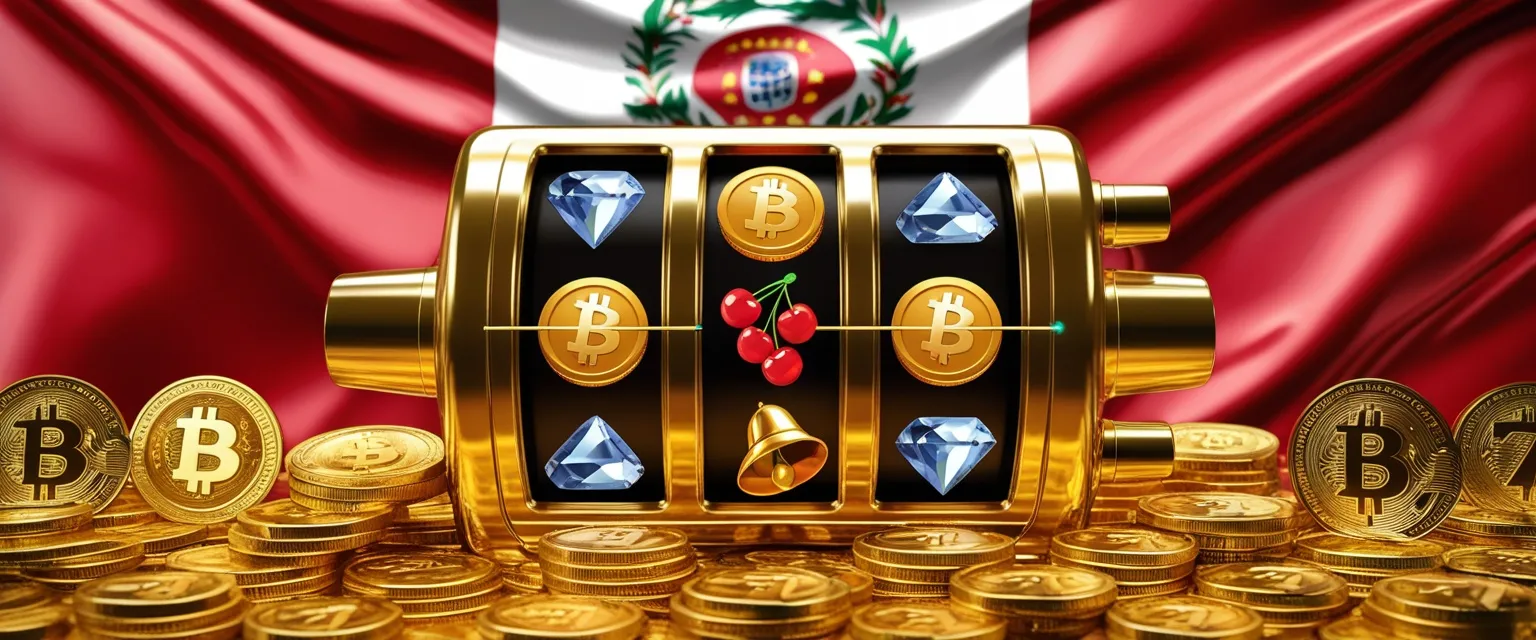 Golden slot machine with diamonds, cherries, a bell and Bitcoin coins in front of the red and white flag of Peru