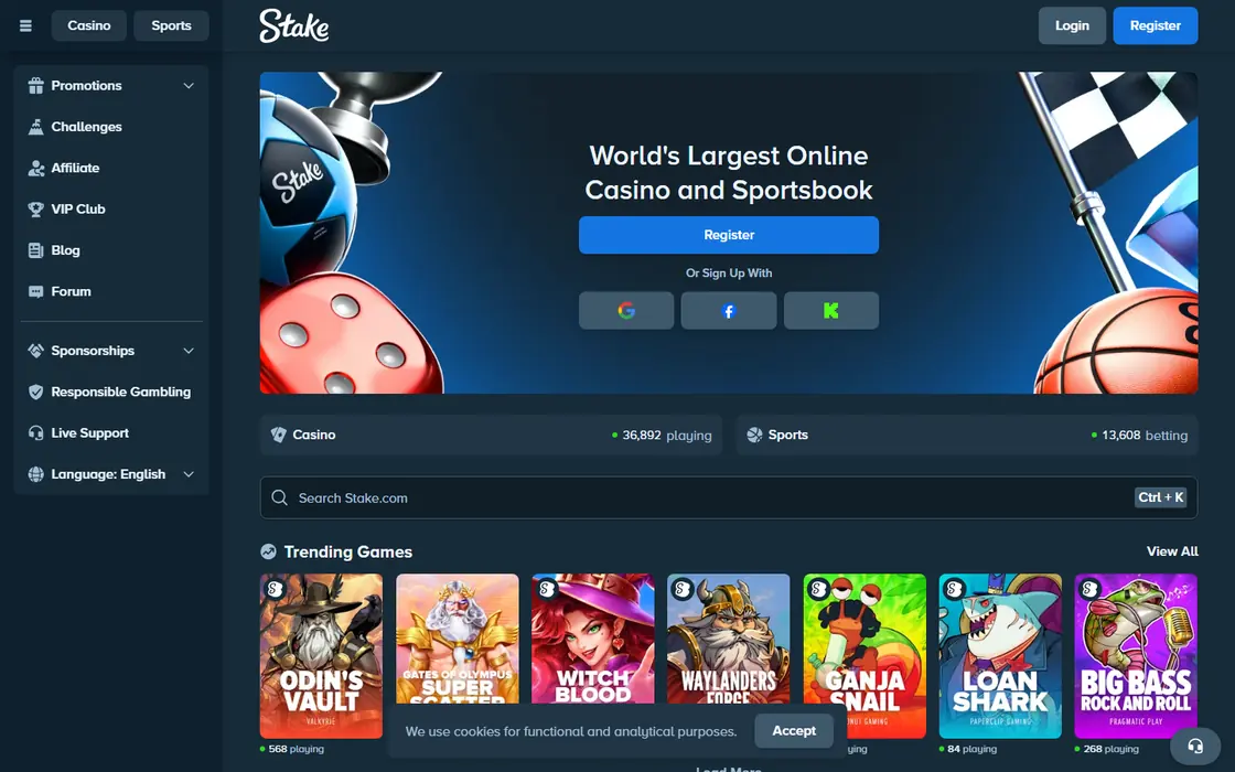 Página de inicio de Stake con accesos a casino y deportes, juegos en tendencia y botón de registro