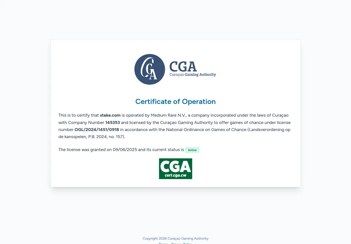 Certificado de operación de la Curaçao Gaming Authority para stake.com, operado por Medium Rare N.V., licencia OGL/2024/1451/0918, estado activo