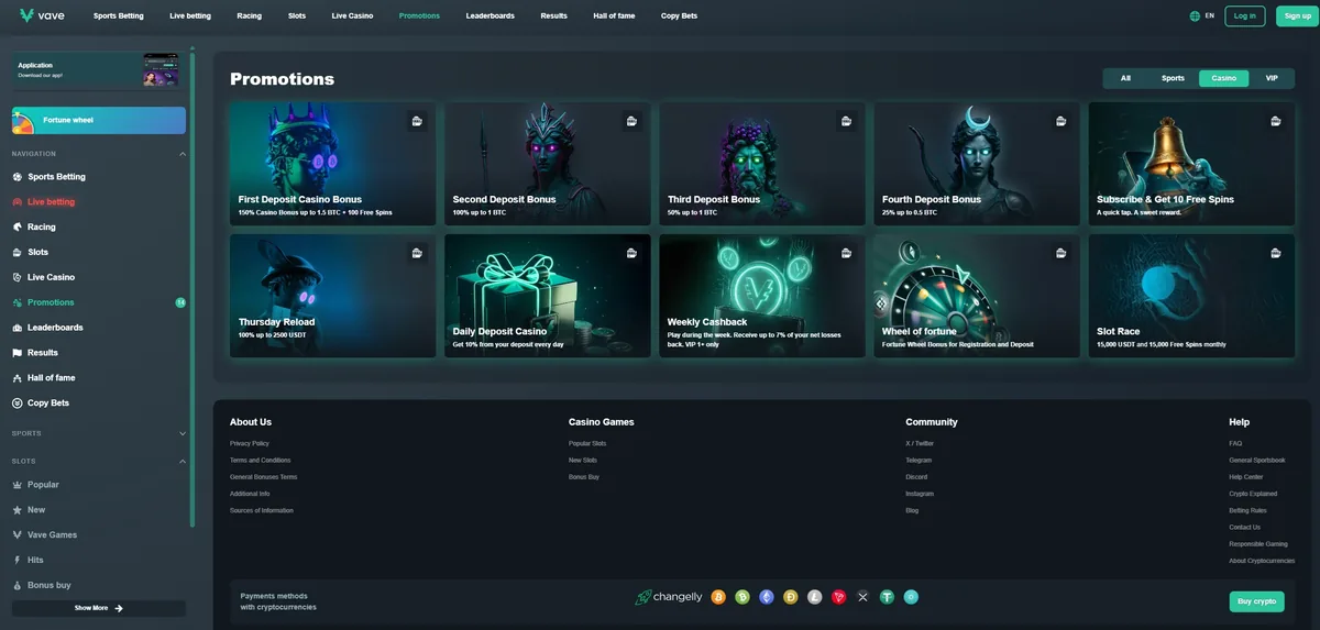 Página de promociones de Vave, pestaña casino: bono del primer depósito de 150 % hasta 1,5 BTC + 100 giros gratis y las ofertas del segundo al cuarto depósito